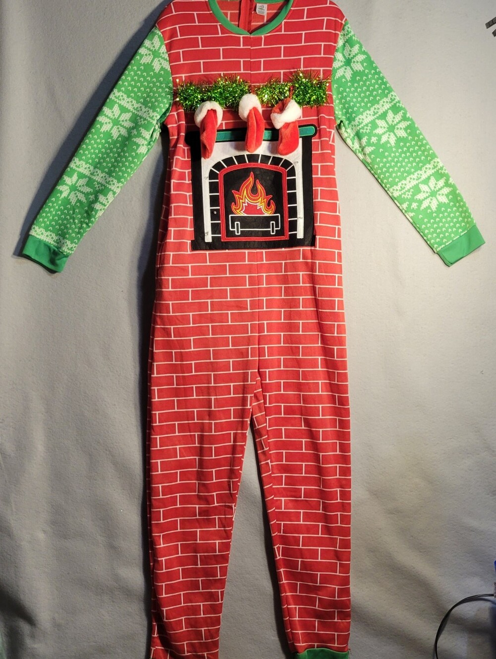 Adult Unisex Red & Green Fireplace Holiday One Peice Jumpsuit